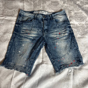 Men's GSTR Blue Jean Shorts Waist 32 with Red & White Paint Splatter